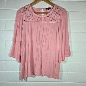 Bua Bua Pink Eyelet Lace Peasant Top Oversized Large Bell Sleeve‎ Boho Hippie